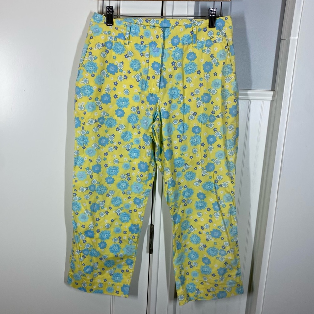 Vintage Lilly Pulitzer Ankle Length Yellow Blue Floral Print Cuba Libre Size 4‎